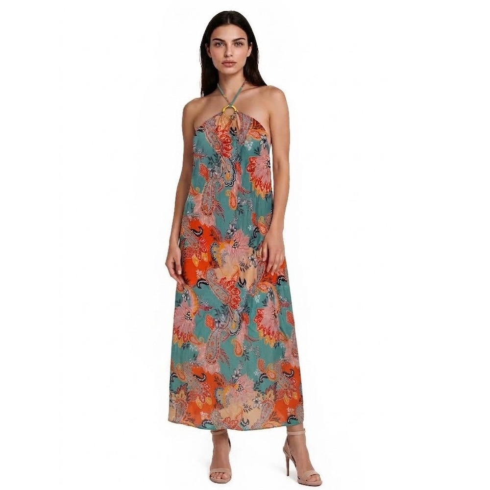 NWT Shore O Ring Tie Maxi Dress Women's Size Medium Teal Orange Paisley MSP $220